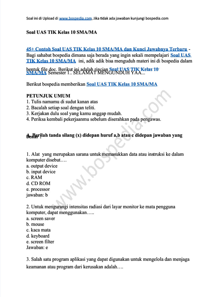 Bocoran 10 Soal TIK Kelas 10 Semester 2 dan Kunci Jawaban yang Sering Keluar Saat Ujian