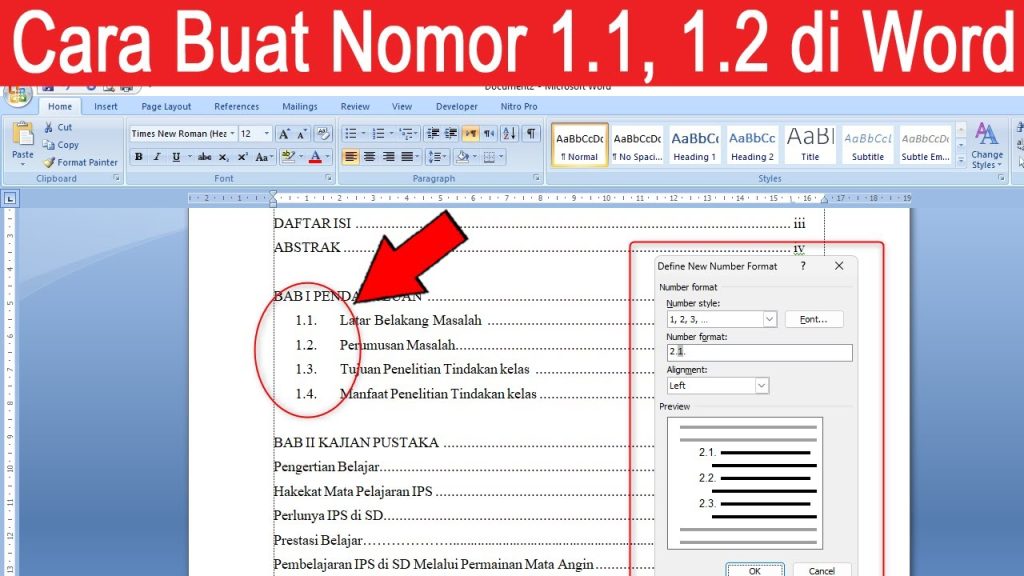 cara mengubah 1.1 menjadi 2.1 di word