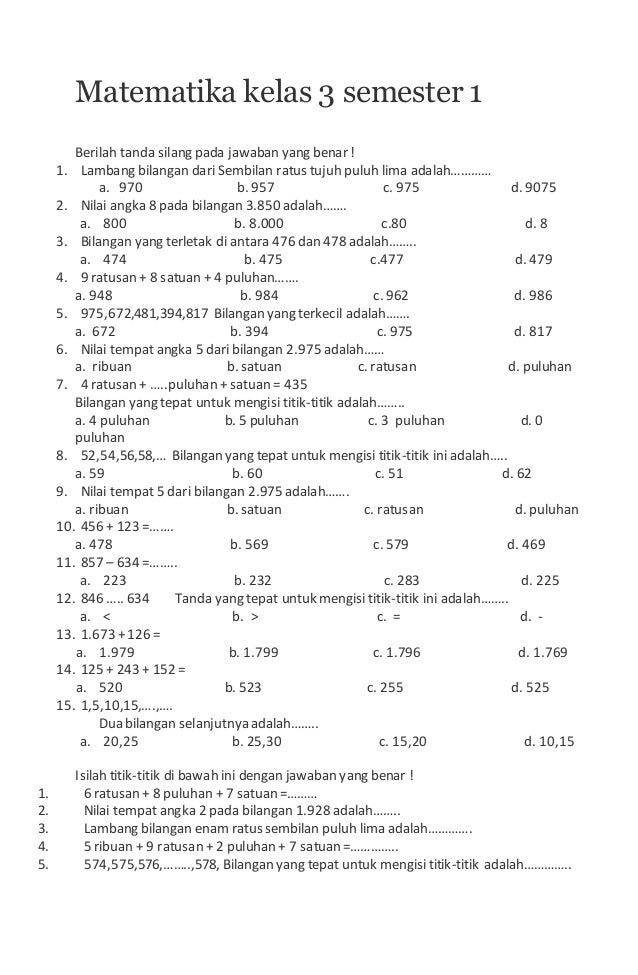 Soal UTS Matematika Kelas 3 SD