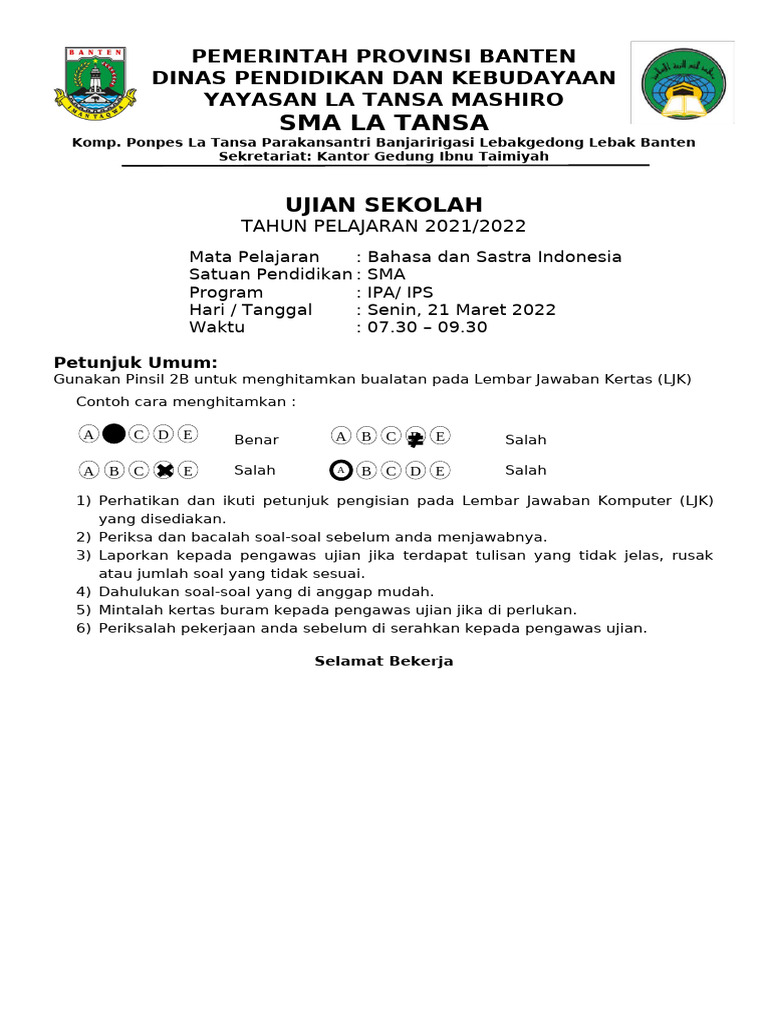 Ujian Sekolah SMA La Tansa 2022 PDF
