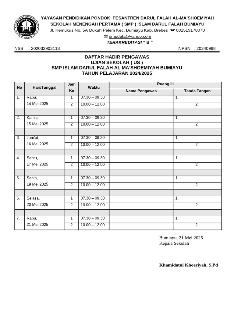 Daftar Hadir Pengawas Ujian SMP 2025 PDF Daftar Hadir Pengawas Ujian SMP 2025 PDF