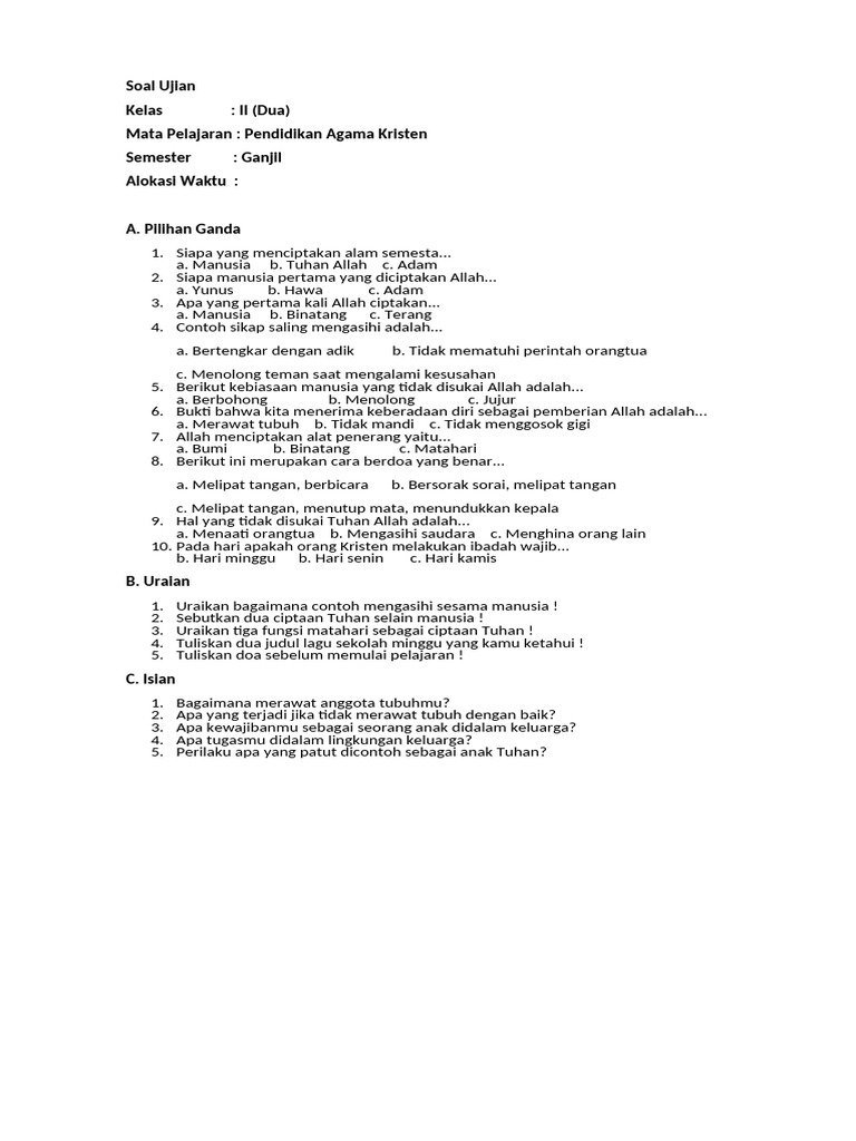 Soal Ujian Pendidikan Agama Kristen Kelas II PDF