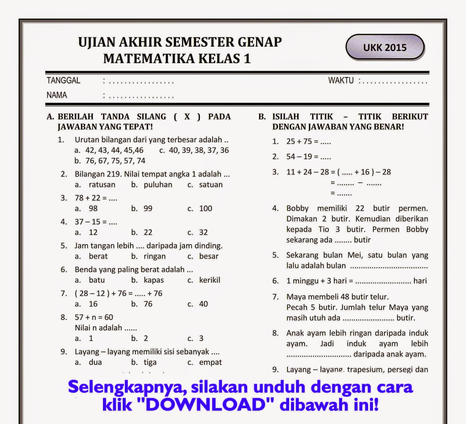 Persiapan Jitu Hadapi Ujian Matematika Semester 2 Kelas 1 SD Contoh Persiapan Jitu Hadapi Ujian Matematika Semester 2 Kelas 1 SD Contoh