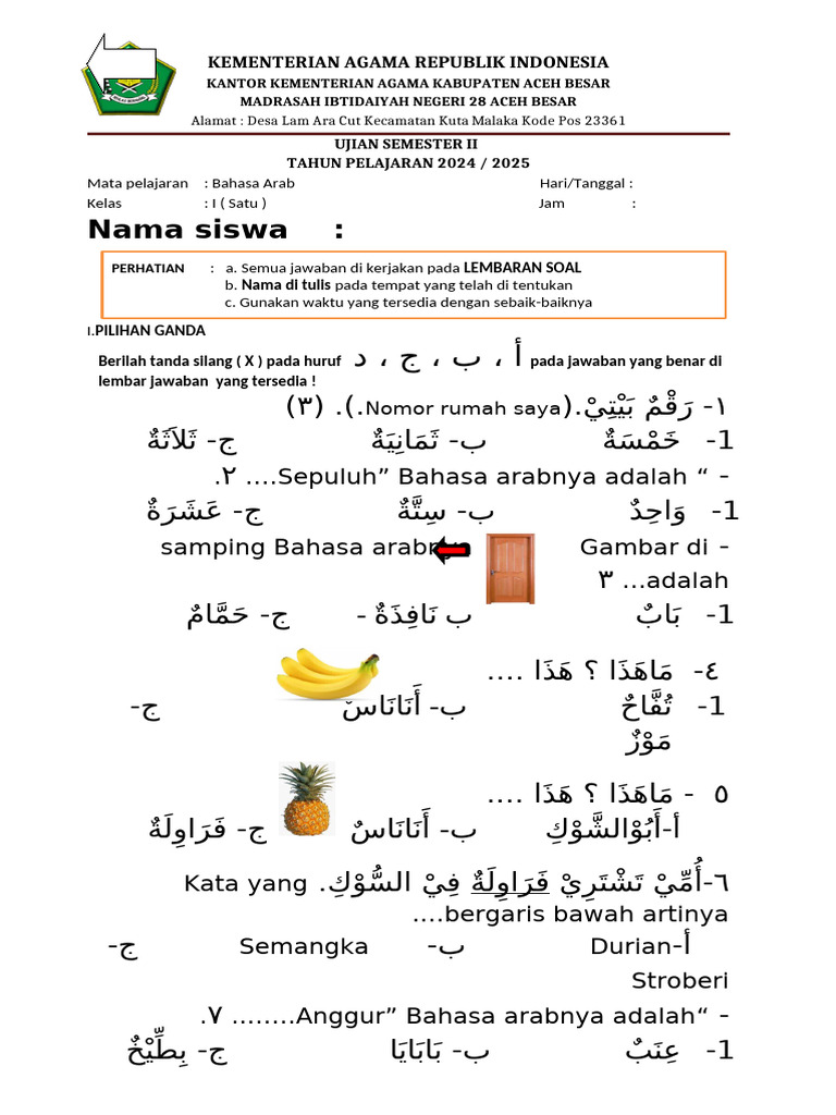 7 Contoh Soal UAS Bahasa Arab Kelas 1 SD IT yang Wajib Dikuasai Sebelum Ujian