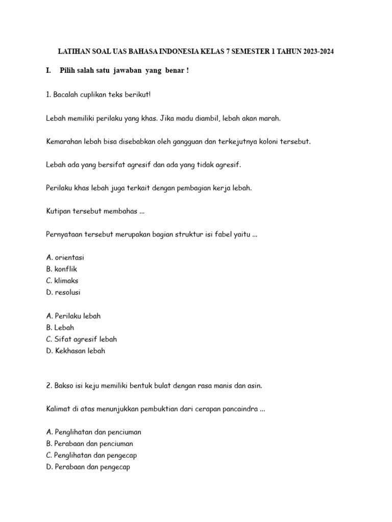 Soal UAS Bahasa Indonesia Kelas 7 PDF Soal UAS Bahasa Indonesia Kelas 7 PDF