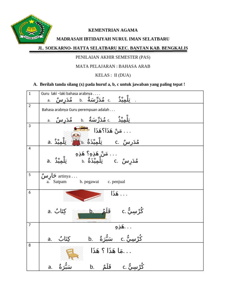 Akhirnya Tahu Bentuk Soal UAS Bahasa Arab Kelas 2 SD Semester 1, Ini Contoh Lengkap yang Wajib Dilatihkan Sebelum Ujian