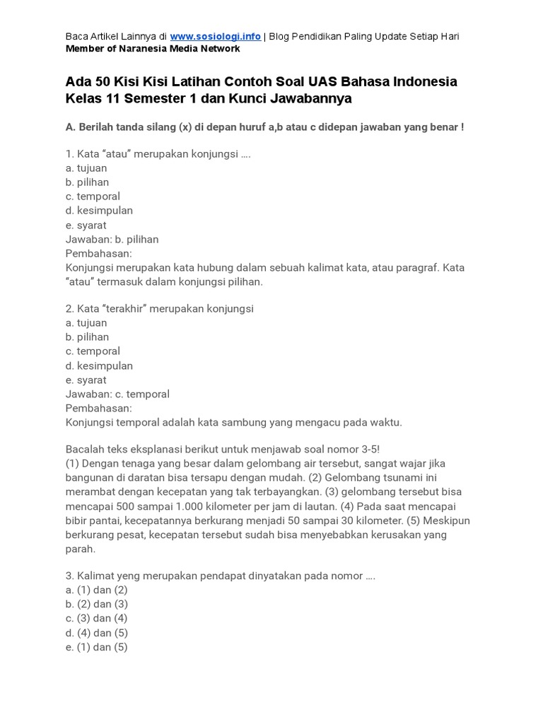 Contoh Soal UAS Bahasa Indonesia Kelas 11 SMK Semester 1 Terbaru 2026 Beserta Kunci Jawaban Lengkap