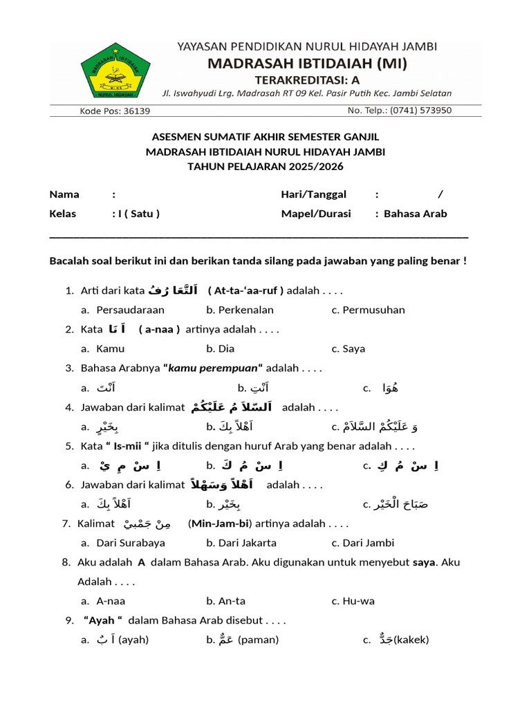 Terbukti Tahu! 5 contoh soal uas bahasa arab kelas 1 dan 2 mi untuk Naik Nilai Seketika