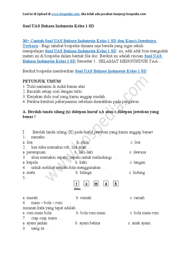 Soal UAS Bahasa Indonesia Kelas 1 SD PDF Olahraga Rekreasi Seni Soal UAS Bahasa Indonesia Kelas 1 SD PDF Olahraga Rekreasi Seni