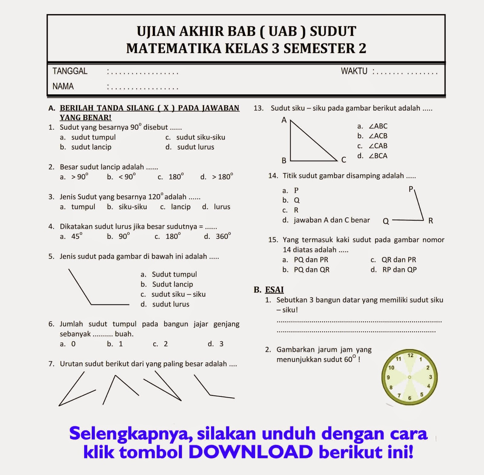 download soal ulangan akhir kelas 3 semester 2 ktsp pdf