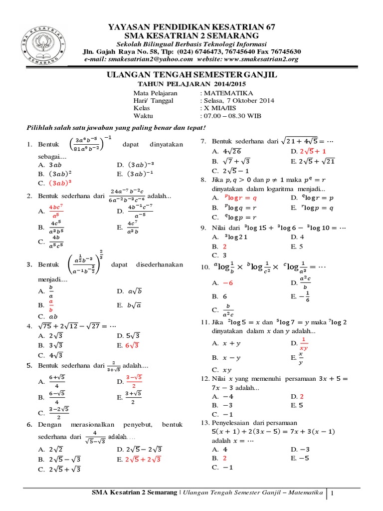contoh soal matematika kelas 11 semester 2 beserta kunci jawabanya