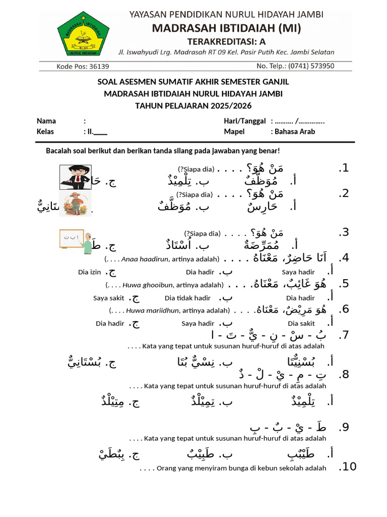 contoh soal uas bahasa arab kelas 2 mi semester 1