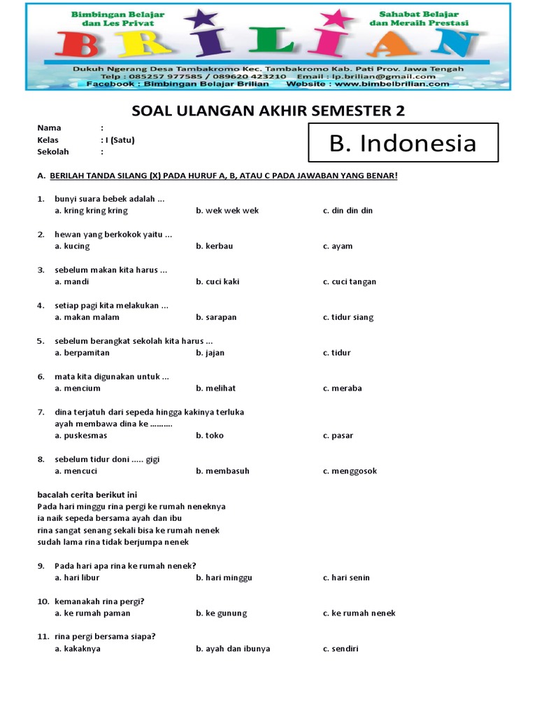 7 Contoh Soal UAS Bahasa Indonesia Kelas 1 Semester 2 yang Terbukti Bikin Nilai Naik