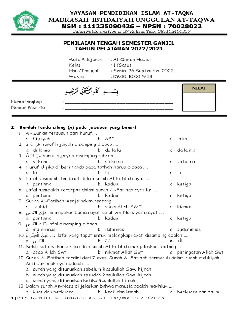 Contoh Soal Hadist untuk SD Kelas 1 dan 2 yang Bisa Dipakai di Jadwal Liga 1 2026, Tahu Contoh Soal Hadist untuk SD Kelas 1 dan 2 yang Bisa Dipakai di Jadwal Liga 1 2026, Tahu