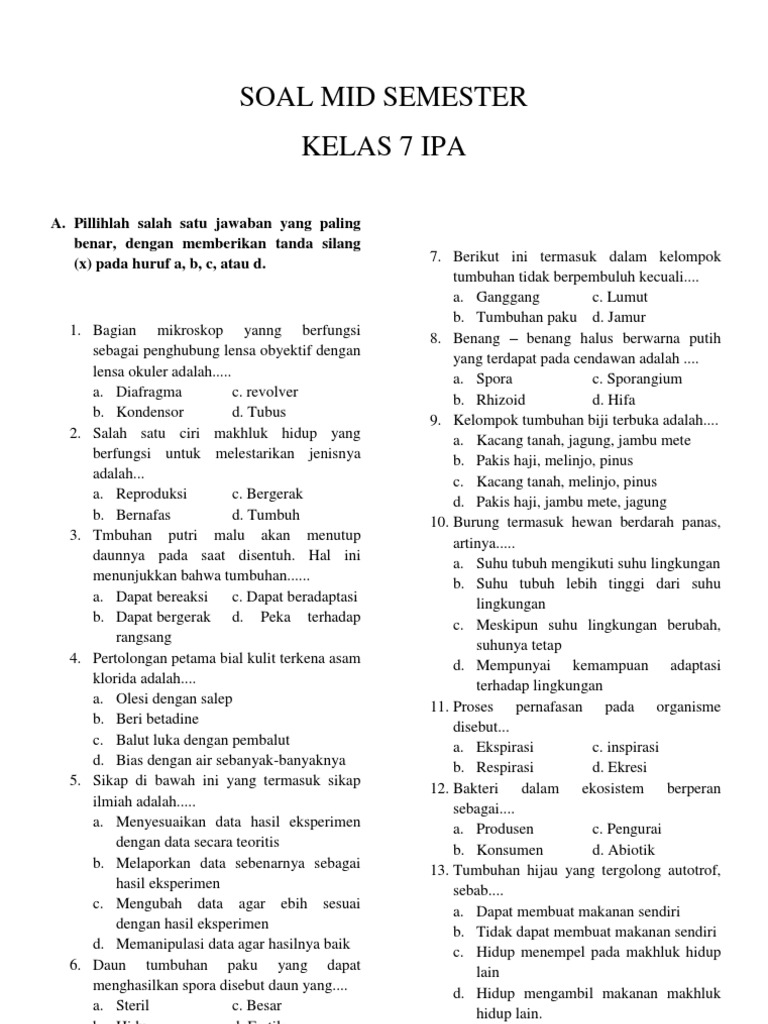 Contoh Soal Isilah IPA Kelas 7 Semester 1 Bantu Siswa Raih Nilai Tinggi Sebelum Ulangan