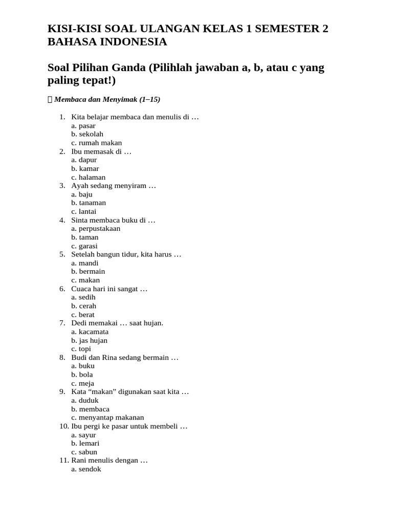 Kisi-Kisi Soal Ulangan Kelas 1 Bahasa Indonesia PDF