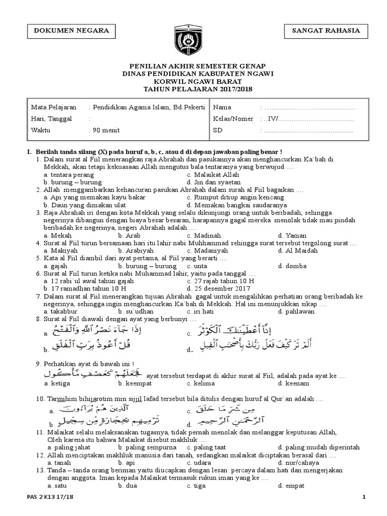 Wajib Tahu! Bocoran soal UTS PAI kelas 4 semester 2 dan kunci jawaban terbaru tahun ini
